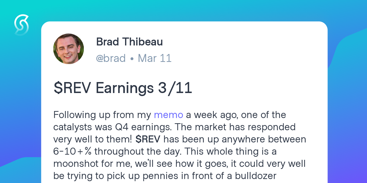 Brad Thibeau posted $REV Earnings 3/11